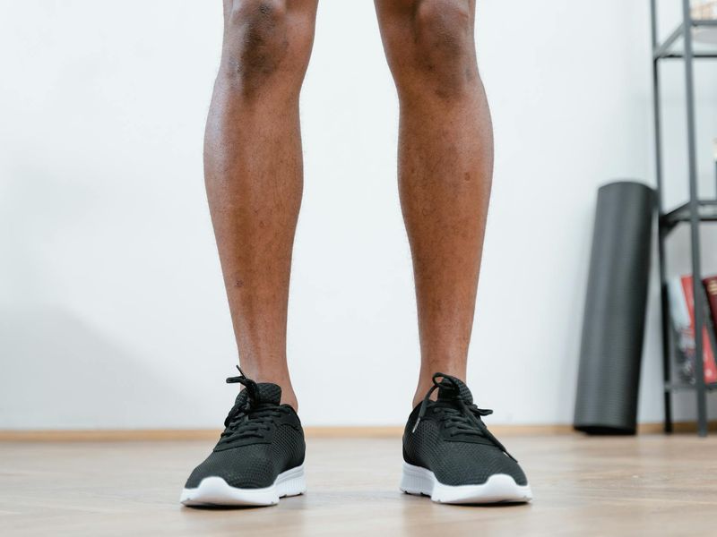 Close up of sports shoes on a wooden floor during workout.